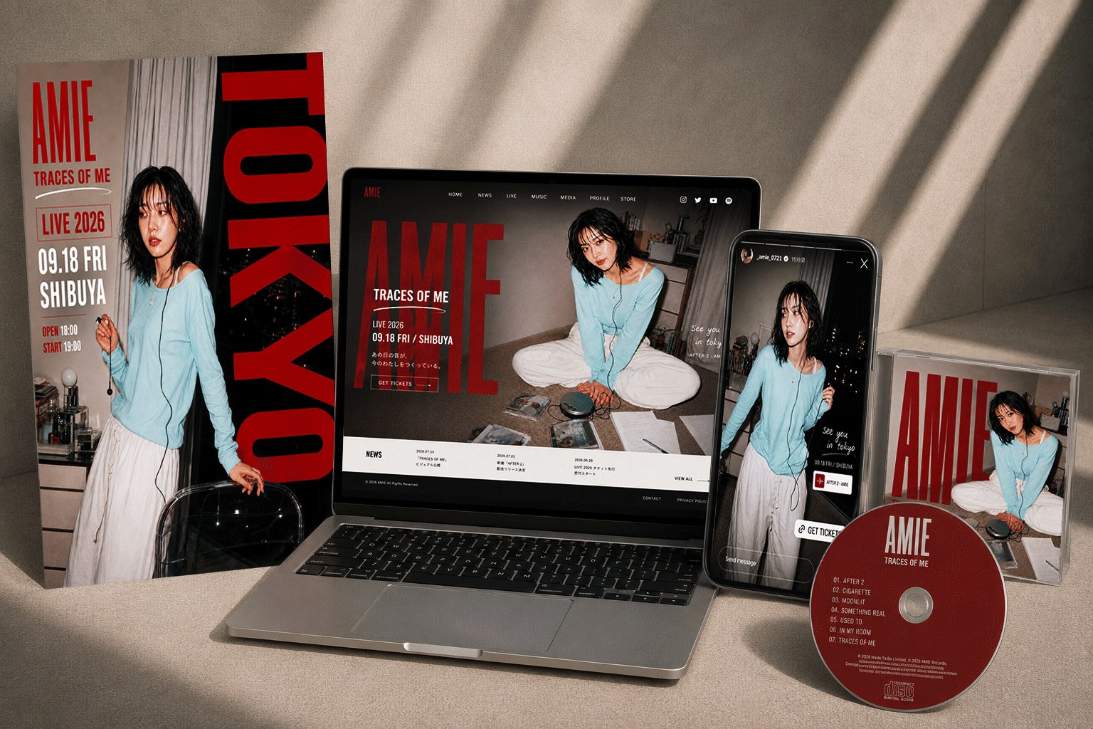 AMIE TRACES OF ME 実装モックアップ（ポスター・Webサイト・スマートフォン・CDジャケット）