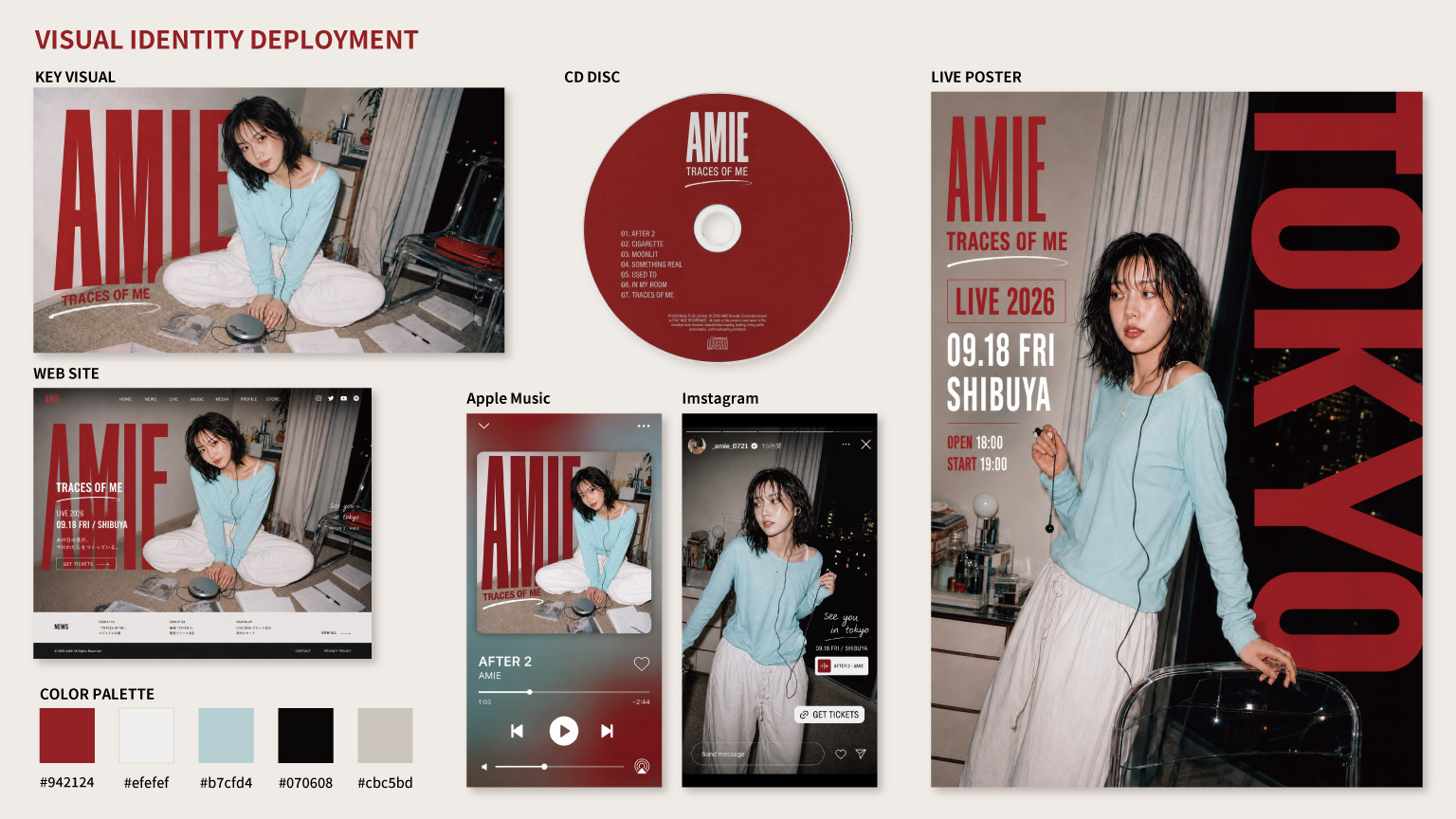 AMIE TRACES OF ME ビジュアルアイデンティティ展開（キービジュアル・CDディスク・Webサイト・ライブポスター・SNS・カラーパレット）